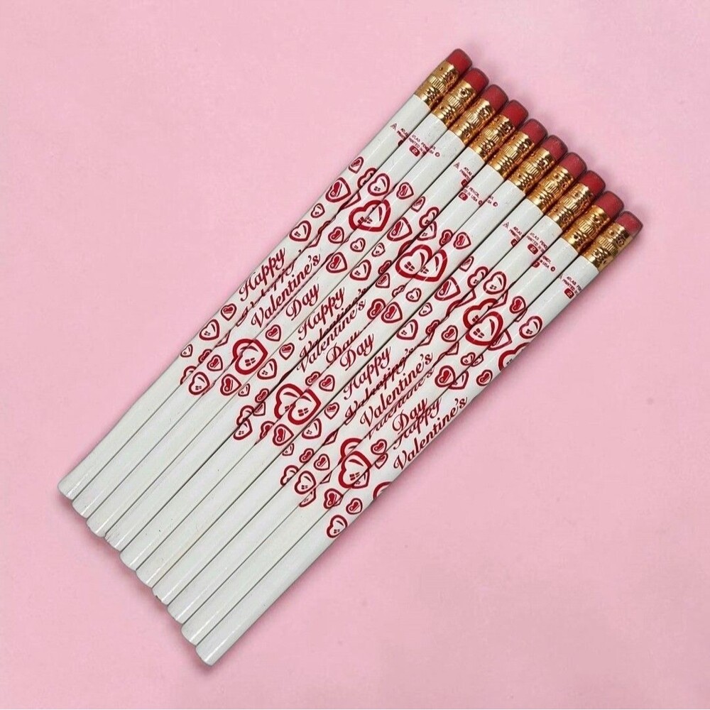 10 Vintage Atlas #2 Pencils White Red Hearts Happy Valentine's Day USA Made